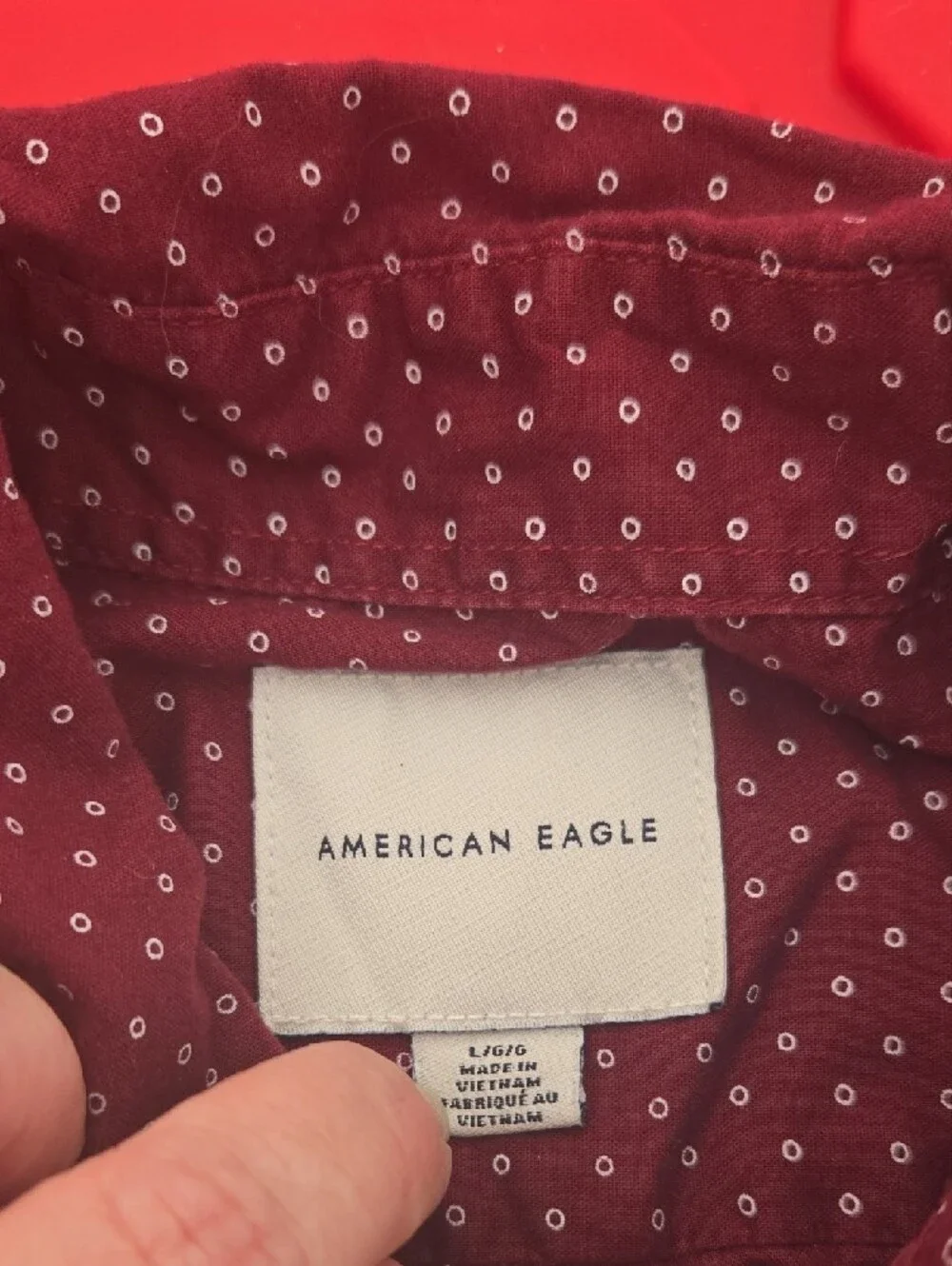 American Eagle Outfitters Burgundy Short-Sleeve Button-Down with Micro Dots